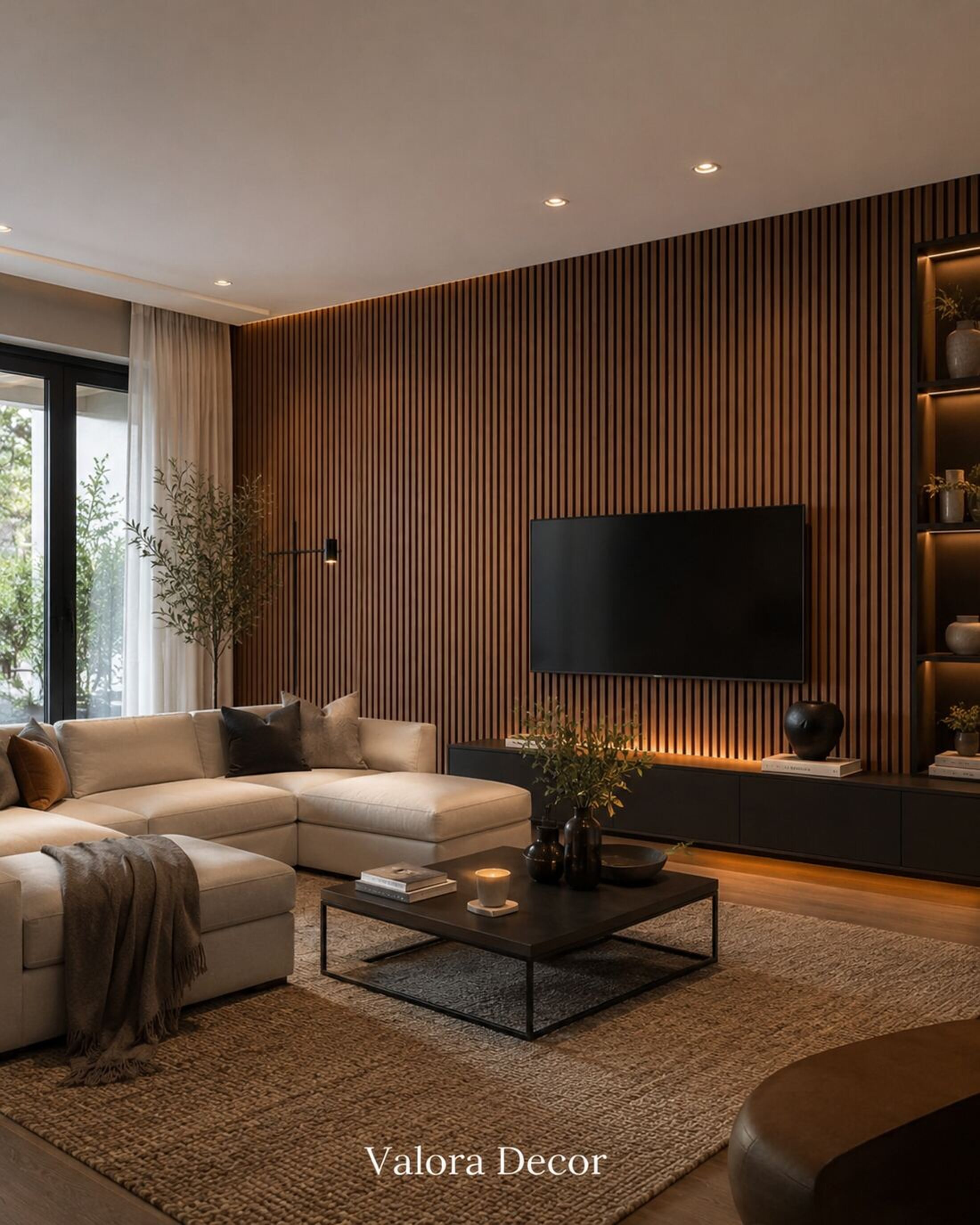 Walnut slat wall panels behind a television in a living room