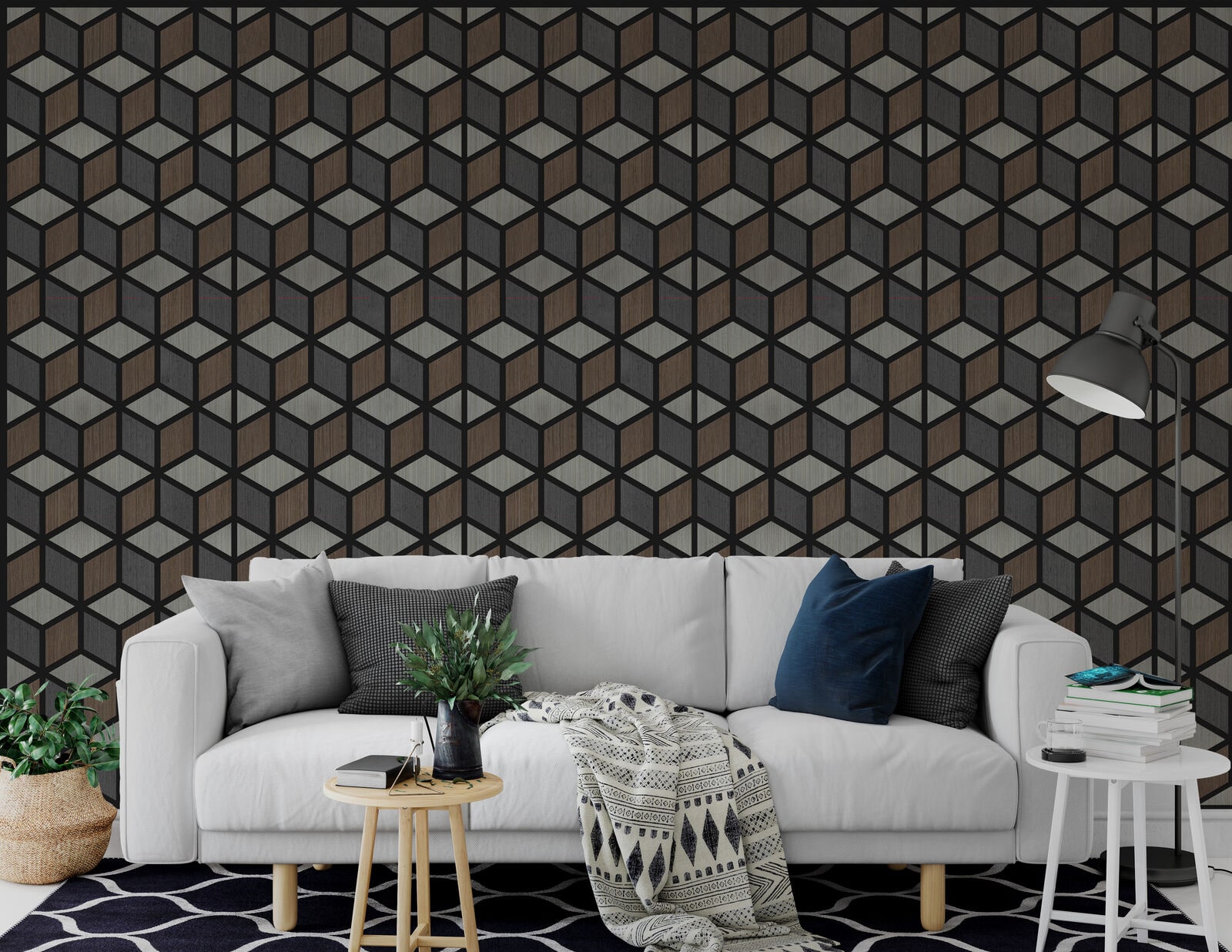 HJ01TQ27 Three-Tone Mosaic Panel in Grey Oak + Ebony + Walnut — 114 in × 24 in (9.5 ft × 2 ft)