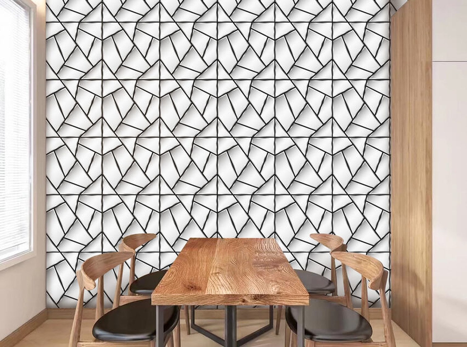 Silver geometric mirror wall panels on a dining room feature wall