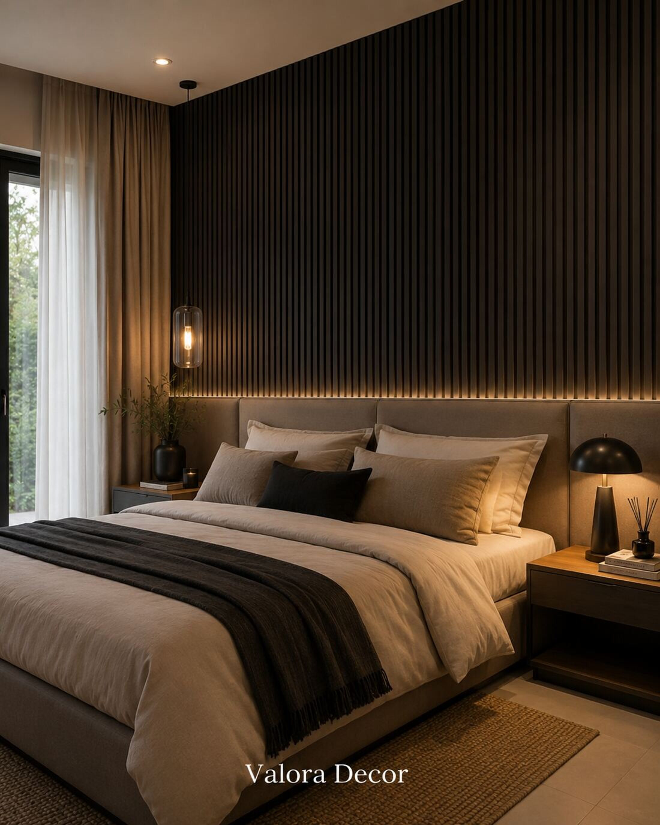 Dark Bedroom Feature Wall — Walnut slat wall panels in a bedroom