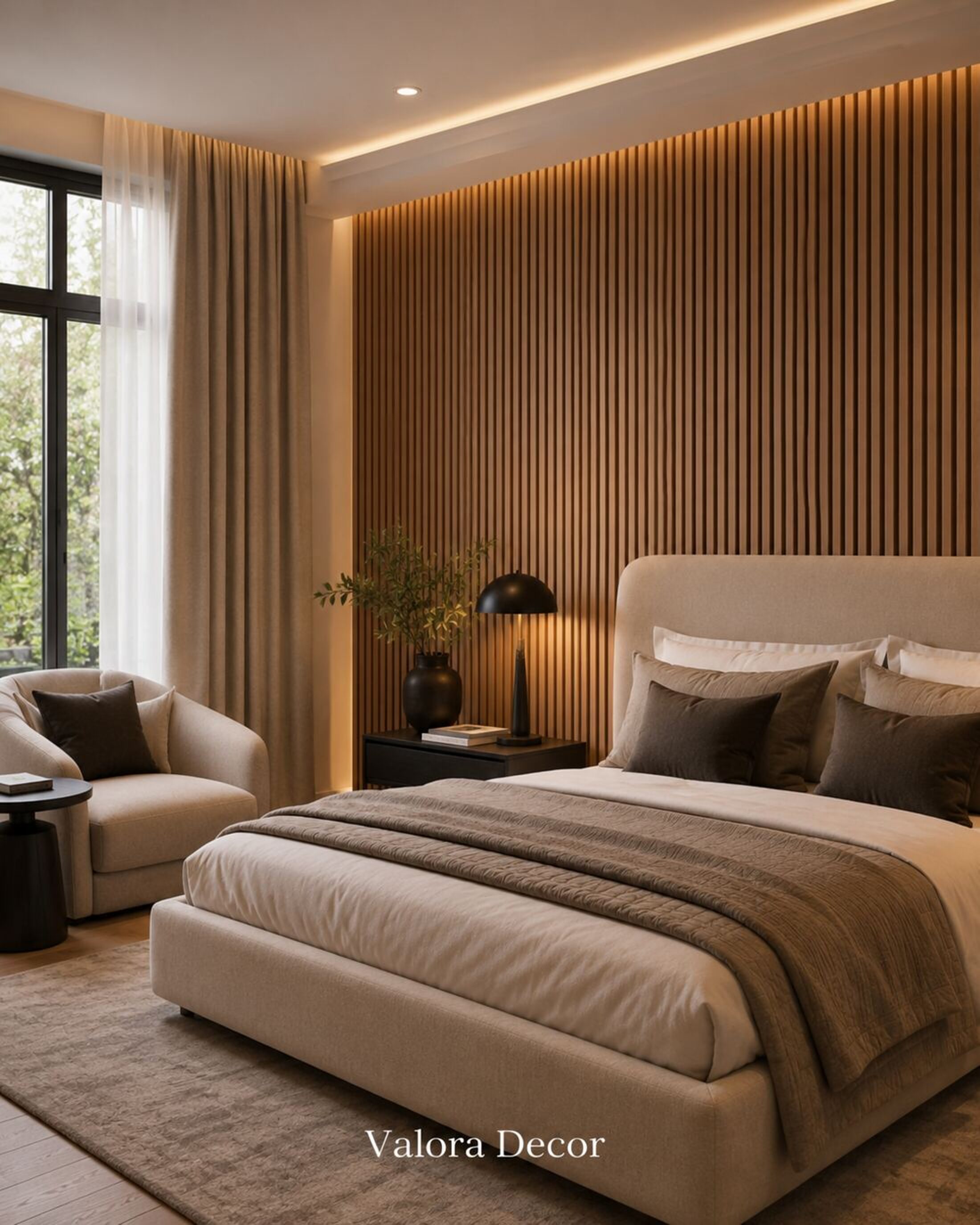 Backlit Oak Bedroom — Light Oak slat wall panels in a bedroom