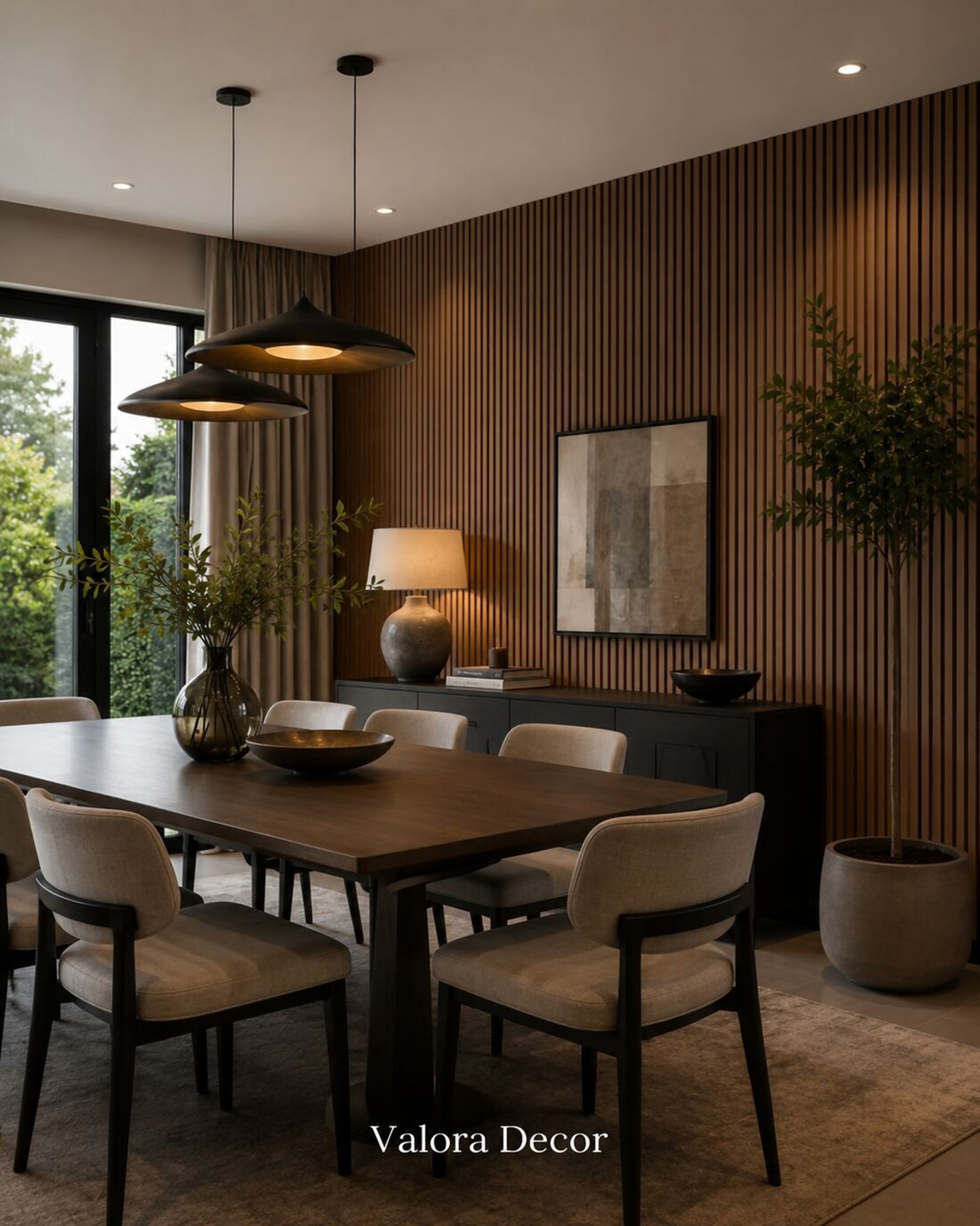 Walnut Dining Wall — Walnut slat wall panels in a dining room