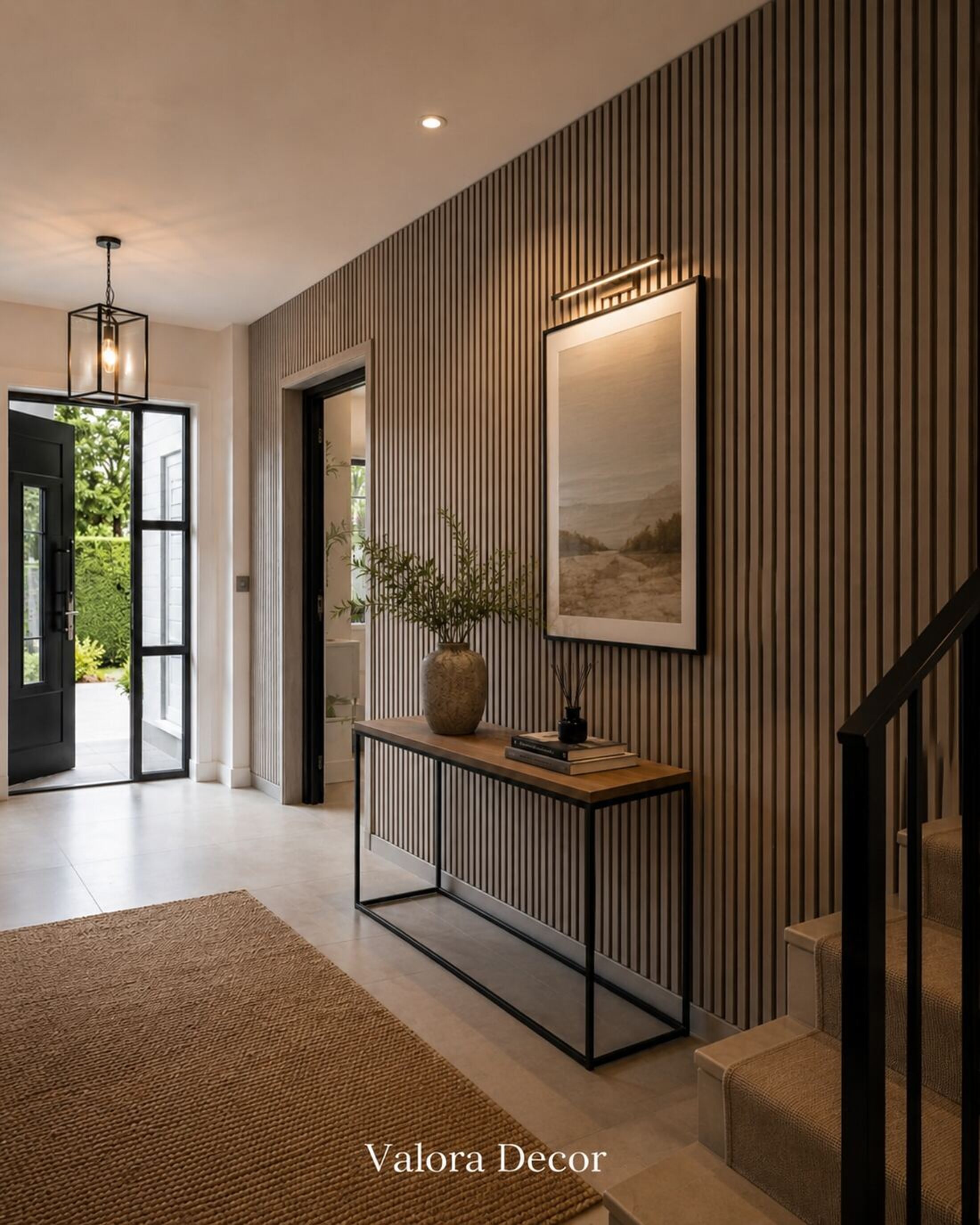 Stair Entry Wall — Grey Oak slat wall panels in a entry