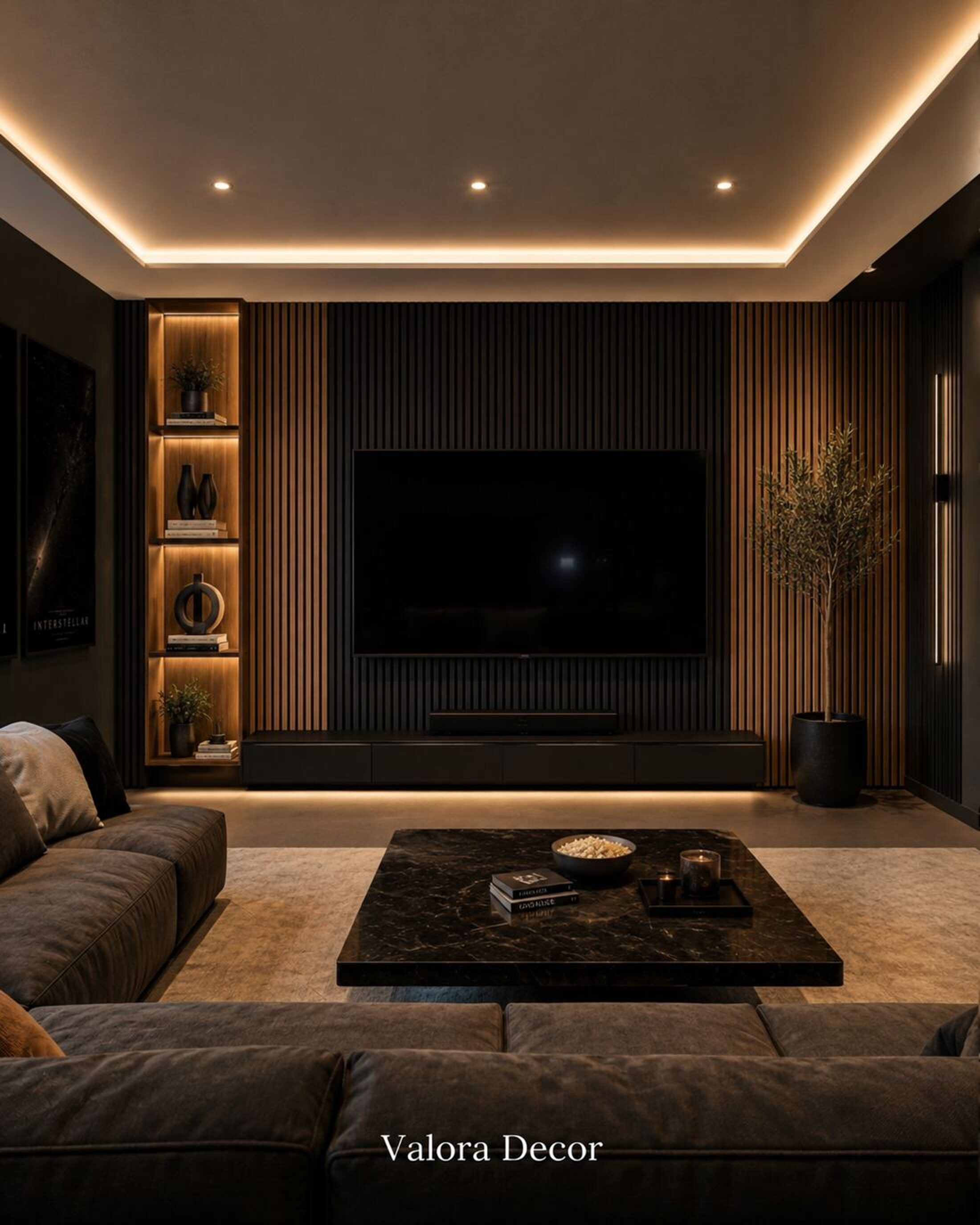 Dark Slat Media Room — Walnut slat wall panels in a media room