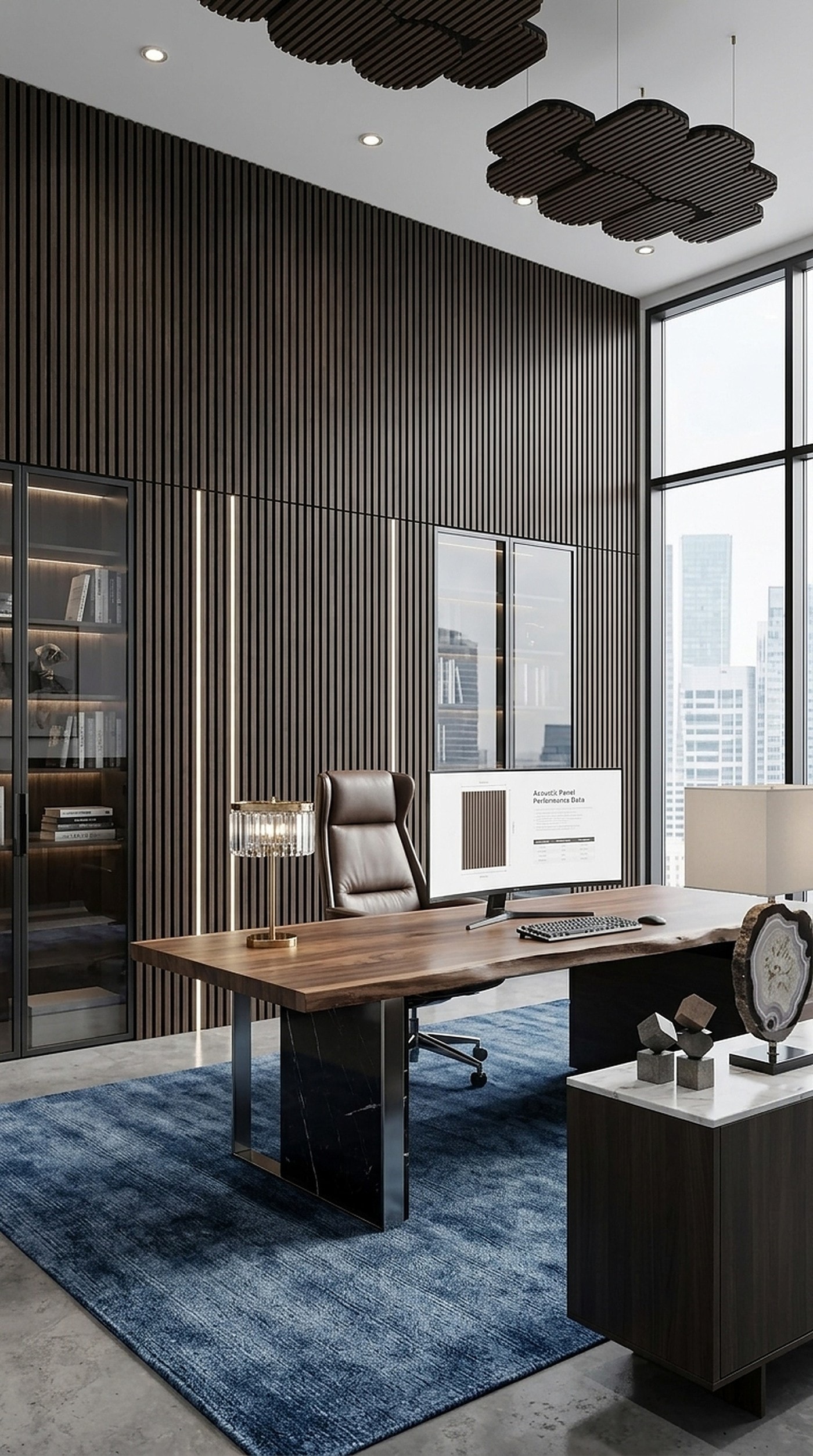 COB LED cove lighting integrated with a slat wall in a media room